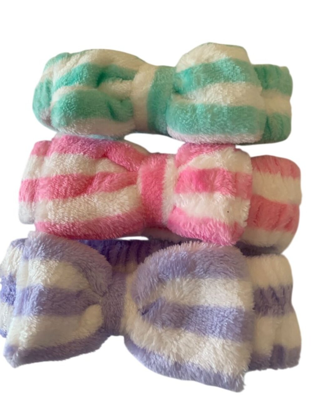Fuzzy Striped Bow Headbands In Pastel Colors - Pack Of 3